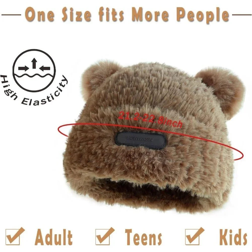 Women's White Furry Beanie with Pom Pom Winter Warm Knitted Hat Bear Costume